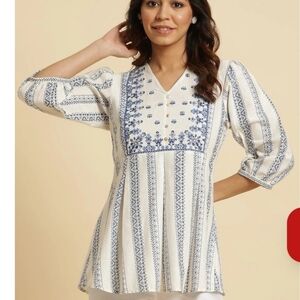 W for Woman Blouse M/L Flax Cotton Ecru Peplum Top Blue Embroidered Coastal Boho